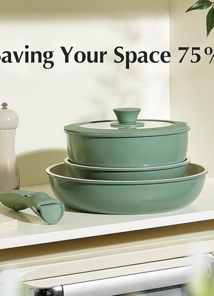 Redchef Ceramic Cookware Set, Removable Handle Pots and Pans Non-Stick, Rv Cookware Set, Non-Toxic Pots and Pans Set No PFAS, PTFE, PFOA, Detachable Pots and Pans, Dishwasher & Oven Safe (Green)