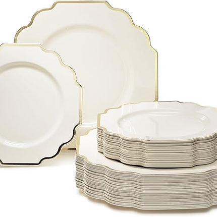 " OCCASIONS " 80 Plates Pack,(40 Guests) Heavyweight Wedding Party Disposable Plastic Plates Set -40 x 10.5'' Dinner + 40 x 8'' Salad/Dessert Plate (Imperial Ivory & Gold)