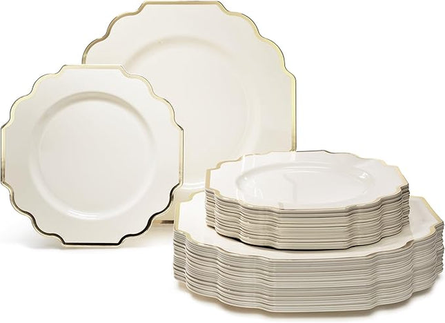 " OCCASIONS " 80 Plates Pack,(40 Guests) Heavyweight Wedding Party Disposable Plastic Plates Set -40 x 10.5'' Dinner + 40 x 8'' Salad/Dessert Plate (Imperial Ivory & Gold)