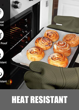 Rorecay 6pcs Oven Mitts and Pot Holders Sets for Kitchen, Extra Long Silicone Oven Gloves Heat Resistant 500 Degrees Non-Slip Potholders Hot Pads for Baking Cooking, Forest Night