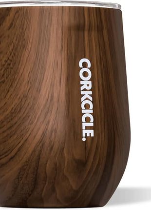 Corkcicle Stemless Insulated Wine Glass Tumbler - Keeps Beverages Cold 6 Hrs Hot 3 Hrs - Stainless Steel - Easy-Grip - Summer Drinkware Gift - Keeps Drinks Ice Cold - 12 oz - Walnut Wood