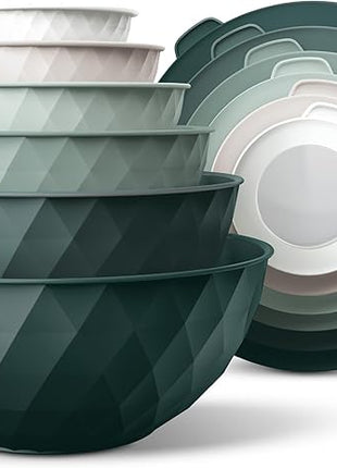 COOK WITH COLOR Mixing Bowls with Lids - 12 Piece Plastic Nesting Bowls Set includes 6 Prep Bowls and 6 Lids, Diamond Design - Microwave Safe, Green