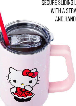Silver Buffalo Sanrio Hello Kitty Christmas Holiday Dress and Matching Bow Snowflakes Stainless Steel Tumbler with Handle and Straw, Fits in Standard Cup Holder, 40 Ounces