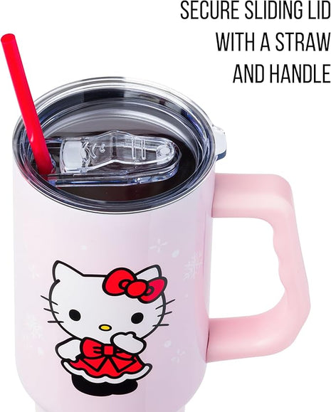 Silver Buffalo Sanrio Hello Kitty Christmas Holiday Dress and Matching Bow Snowflakes Stainless Steel Tumbler with Handle and Straw, Fits in Standard Cup Holder, 40 Ounces