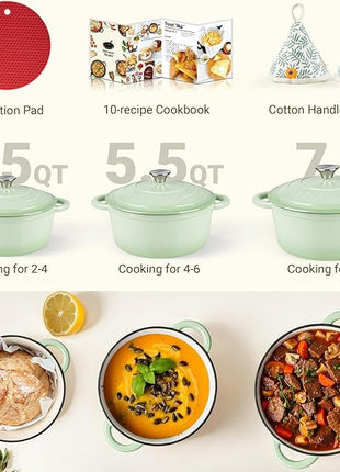 Overmont Enameled Cast Iron Dutch Oven - 5.5QT Pot with Lid Cookbook & Cotton Potholders - Heavy-Duty Cookware for Braising, Stews, Roasting, Bread Baking Verdant