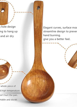 FJNATINH Wooden Soup Ladle with Long Handle Handmade Wooden Spoons for Cooking Kitchen Cookware Utensil