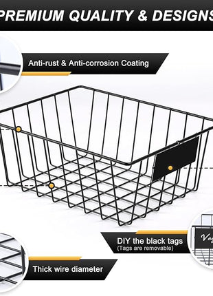 8 Pack Wire Storage Baskets for Organizing with Removable Tags, Pantry Organization Bins for Kitchen Cabinets, Closet - Metal Basket for Laundry, Garage, Refridge, Bathroom Countertop Organizer, Black