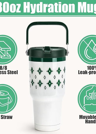 30 oz Tumbler with Handle, Vacuum Insulated Tumblers with Flip Straw and Top Handle, Reusable Insulated Cup for Home, Outdoors, Leakproof, Fits in Cup Holder, Cold for 30 Hours