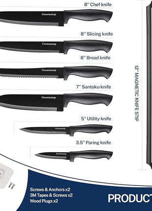 Kitchen Knife Set with No Drilling Magnetic Strip for Kitchen Black Titanium Small Cooking Knives, Sharp Stainless Steel Chef Knife Set for Cutting Meat & Vegetable