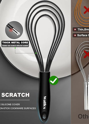 Walfos Silicone Flat Whisk,11inch Flat Whisk Non Scratch Coated Flat Whisks for Cooking.Great for Ceramic Coated pans and Wider shallower pots.Black