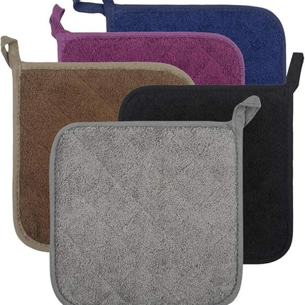 100% Cotton Kitchen Everyday Basic Terry Pot Holder Heat Resistant Coaster Potholder for Cooking and Baking Set of 5 (Multi Color 2, Potholder)