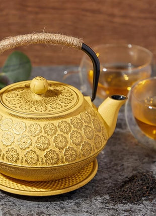 Juvale Japanese Cast Iron Teapot - Stainless-Steel Infuser & Loose Leaf Tea Pot - Superior Heat Retention Cast Iron Kettle - Elegant Floral Trivet For Home Tea Set - 800 ml, Yellow