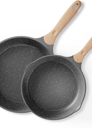 JEETEE Nonstick Frying Pans Set, Skillets Set 2 Pcs, 8" 10" Granite Non-Stick Frying pan, Nonstick Omelette Skillet with Soft Touch Handle, Grey