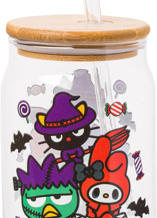 Silver Buffalo Sanrio Hello Kitty & Friends Halloween Spooky Badtz-Maru Frankenstein, Chococat Witch, My Melody Ghost, Keroppi Vampire, Mummy Glass Jar Tumbler w Bamboo Lid and Glass Straw, 16oz