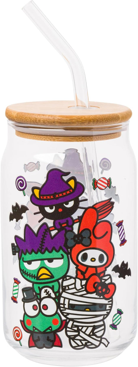 Silver Buffalo Sanrio Hello Kitty &Friends Halloween Spooky Badtz-Maru Frankenstein,Chococat Witch,My Melody Ghost,Keroppi Vampire,Mummy Glass Jar Tumbler w Bamboo Lid&Glass Straw,16oz(Pack of 12)