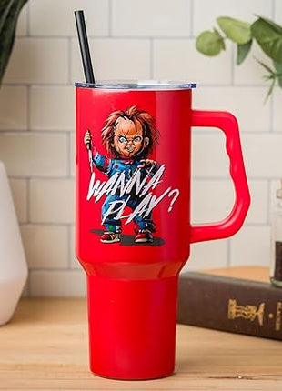Silver Buffalo Chucky Wanna Play Stainless Steel Tumbler with Handle and Straw, Fits in Standard Cup Holder, 40 Ounces