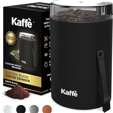 Kaffe One-Touch Coffee Grinder Electric w/Cleaning Brush (3 oz) - Coffee Grinders for Home Use - Up to 12 Cups of Coffee per Grind - Easy On/Off Coffee Bean Grinder - Matte Black