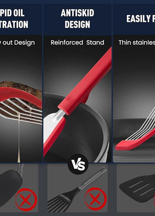 Silicone Fish Spatula Turner Set of 2,2-in-1 Heat Resistant Silicone Slotted Fish Spatulas for Nonstick Cookware,Flexible Thin Stainless Steel Slotted Fish Turner Spatula Flipper for Fish,Egg,Pancake