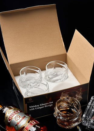 GLASKEY 12 oz Hand Blown Crystal Whiskey Glasses Set of 4, Unique Cognac Glass, Heavy Thick Bottom Bar Glass for Scotch Bourbon Rum Gin Water Cocktail,Gifts Men Gifts Ideas