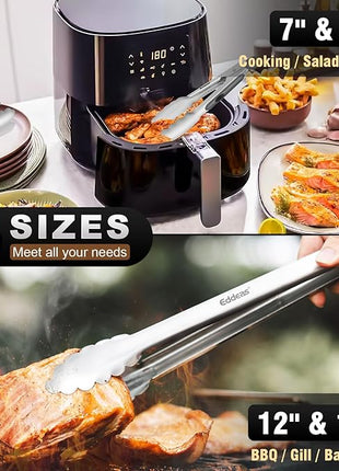 Tongs For Cooking - Heat Resistant 600 Degrees Metal Kitchen Tongs, Heavy Duty Stainless Steel Tongs - Perfect for Food, BBQ Set of 4, 7-9-12 &14 inch Grey