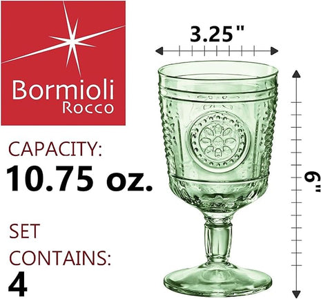 Bormioli Rocco Romantic Set Of 4 Stemware Glasses, 10.75 Oz. Colored Crystal Glass, Pastel Green, Made In Italy.