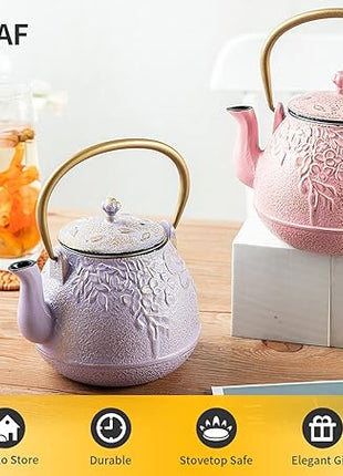 Tea Kettle, TOPTIER Japanese Cast Iron Teapot with Stainless Steel Infuser, Cast Iron Tea Kettle Stovetop Safe, Leaf Design Teapot Coated with Enameled Interior for 40 Ounce (1200 ml), Purple
