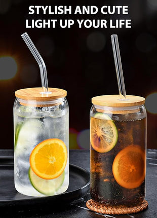 Drinking Glasses with Bamboo Lids and Glass Straw 8PCS Set, 16oz Glass Cups with Lids and Straws, Beer, Iced Coffee Glasses, Soda, Gift 2 Cleaning Brushes
