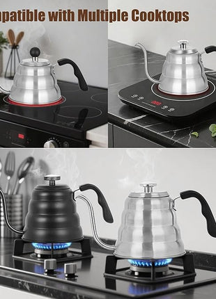 Tea Kettle with Thermometer Pot Black Stovetop Tea Kettle 40oz Gooseneck Kettle Teapot Pour Over Coffee Kettle with Thermometer,1200ml,6 Cup,Black,1Pack