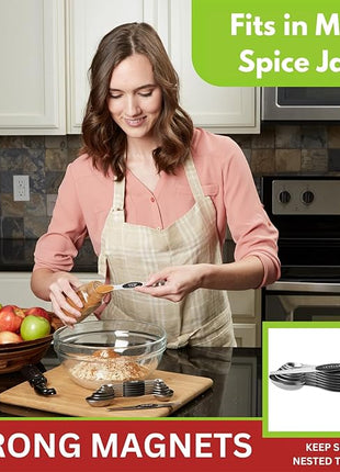 Spring Chef Stainless Steel Magnetic Measuring Spoons Set with Strong N45 Magnets, Heavy Duty Metal Kitchen Gadgets for Baking & Cooking, Fits in Most Kitchen Spice Jars, Set of 8 with Leveler, Black