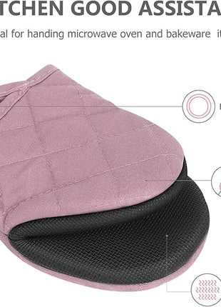 1 Pair Short Oven Mitts - Silicone Kitchen Oven Gloves High Heat Resistant 500℉, Mini Oven Mits with Non-Slip Grip Surfaces and Hanging Loop for BBQ, Baking, Cooking and Grilling (Pink)