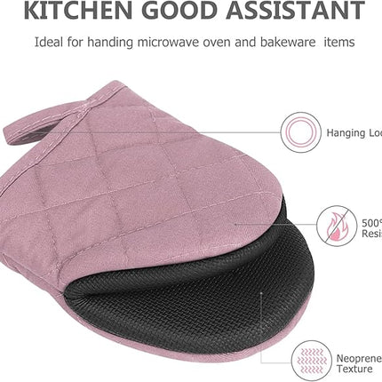 1 Pair Short Oven Mitts - Silicone Kitchen Oven Gloves High Heat Resistant 500℉, Mini Oven Mits with Non-Slip Grip Surfaces and Hanging Loop for BBQ, Baking, Cooking and Grilling (Pink)