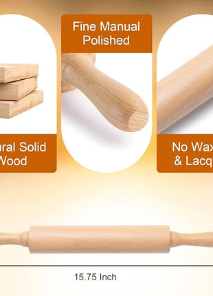 AISOSO Rolling Pins for Baking, 15.75 Inches Wooden Rolling Pin with Handles, Classic Nonstick Dough Roller for Fondant Pizza Pie Crust Cookie Pastry, Kitchen Baking Essentials, Light Yellow