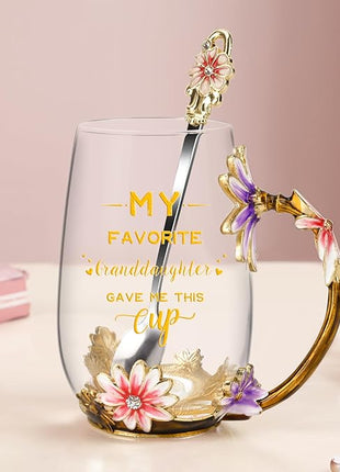 OEAGO Grandma Gifts from Granddaughter Tea Cup Birthday Grandparent Gifts Mothers Day Enamel Flower Glass Mugs from Grandkids Grandchildren