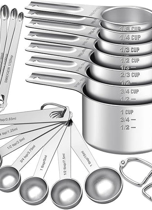 Measuring Cups and Spoons Set, 7 Stainless Steel Nesting Measuring Cups & 7 Spoons, 5 Mini Measuring Spoons & 2 Detachable Rings, Kitchen Gadgets for Cooking & Baking, Set of 21