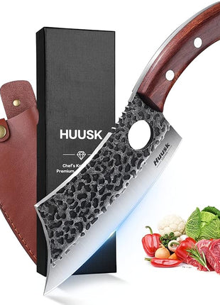 Huusk Meat Cleaver Knife, Hand Forged Butcher Knife for Meat Cutting, Full Tang Viking Knives with Sheath, Japanese Chef Knives for Outdoor Cooking, Camping, BBQ, Christmas Gift for Man and Women