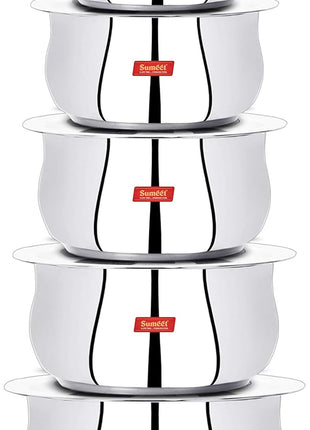 Sumeet 5 Pcs Stainless Steel Induction & Gas Stove Friendly Belly Shape Container Set/Tope/Cookware Set With Lids Size No.10 & No.14
