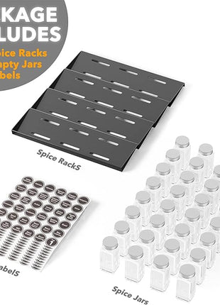 SpaceAid Spice Drawer Organizer with 32 Spice Jars, 386 Spice Labels, 4 Tier Seasoning Rack Tray Insert for Kitchen Drawers, 15" Wide x 17.5" Deep