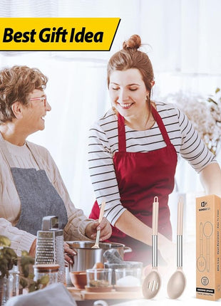 Pack of 2 Large Silicone Cooking Spoons,Non Stick Solid Basting Spoon,Heat-Resistant Kitchen Utensils for Mixing,Serving,Draining,Stirring (STAINLESS STEEL KHAKI)