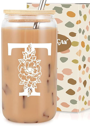 Coolife Initial Glass Cup, Monogrammed Gifts for Women, 16 oz Glass Cups w/Lids Straws, Iced Coffee Smoothie Beer Tumbler w/Straw Lid - Personalized Christmas, Birthday Gifts for Her Mom Friend Woman