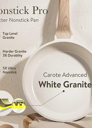 CAROTE Non Stick Frying Pan Skillet, Omelet Pan, Healthy Non Toxic Granite Chef Pan, Induction Compatible Egg Frying Pan with Heat-Resistant Handle, PFOA-Free,Cream White, 10"