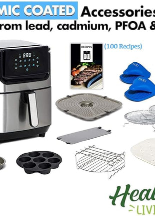 Yedi Evolution Air Fryer, 6.8 Quart, Stainless-Steel Finish, Ceramic Cooking Basket, with Deluxe Accessory Kit and Recipe Book