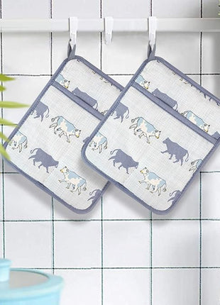 Pot Holders Set of 2 Heat Resistant 480℉ Kitchen 100% Cotton Comfortable Lining Printing Fox Flower Women Men Home Cooking Baking Microwave BBQ Gift (Cow potholder)