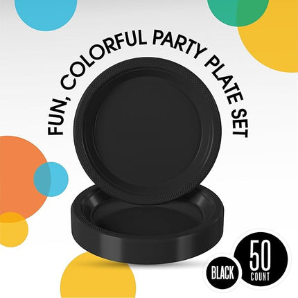 Exquisite Party Solids Black Plastic Plates For Party Supplies 10" Black Disposable Plates Heavy Duty 50 Pcs Plastic Dinnerware Sets Heavy Duty 350 GSM Disposable Dinnerware Set