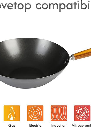 Kenmore Hammond 14-Inch Flat Bottom Carbon Steel Wok, Black, Durable Non-Stick Stir Fry Pan for Gas and Electric Stovetops