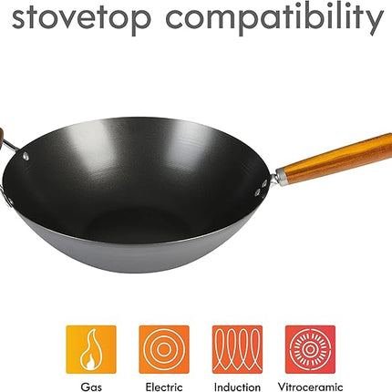 Kenmore Hammond 14-Inch Flat Bottom Carbon Steel Wok, Black, Durable Non-Stick Stir Fry Pan for Gas and Electric Stovetops