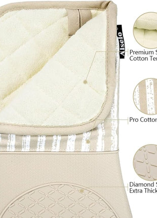 Silicone Oven Mitts Heat Resistant 932℉ with Waterproof & Non-Slip Kitchen Mittens, Set of 2 Extra Long Oven Gloves with Soft Cotton Terry Lining for Baking Cooking Barbecue (Khaki, 2)