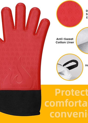 GEEKHOM Silicone Grilling Gloves, Heat Resistant Oven Mitts, BBQ Gloves, Waterproof Non-Slip for Barbecue, Cooking, Baking, Fryer, Red