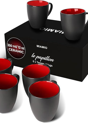 MIAMIO - Set of 6 Stoneware Coffee Mugs 12 Ounce/Cup Set - Le Papillon Collection (Black-Red)