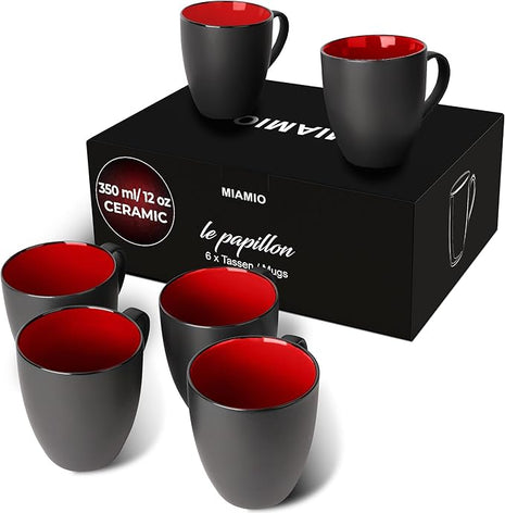 MIAMIO - Set of 6 Stoneware Coffee Mugs 12 Ounce/Cup Set - Le Papillon Collection (Black-Red)