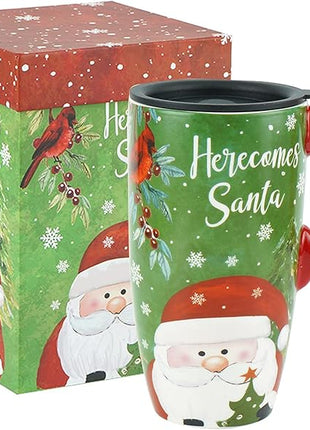 Topadorn Christmas Ceramic Mug Coffee Cup with Sealed Lid and Gift Box Latte Mug, 17oz. Here Comes Santa Claus